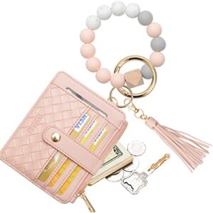 COOLANS Wristlet Bracelet Keychain Pocket Credit Card Holder Purse Tassel Keychain Bangle Key Ring for Women (Silicone Bead Bracelet+Card Purse (Pink))