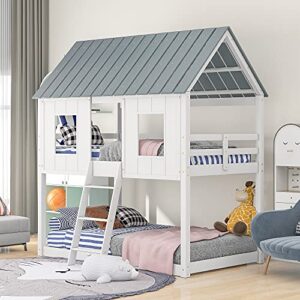 polibi twin-over-twin wooden house bed, bunk bed with playhouse, farmhouse, ladder and guardrails (white + gray)