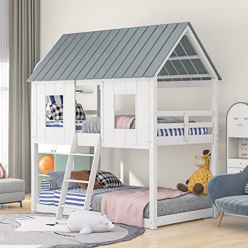 Polibi Twin-Over-Twin Wooden House Bed, Bunk Bed with Playhouse, Farmhouse, Ladder and Guardrails (White + Gray)