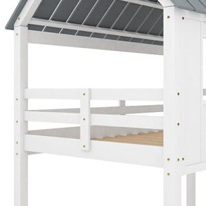 Polibi Twin-Over-Twin Wooden House Bed, Bunk Bed with Playhouse, Farmhouse, Ladder and Guardrails (White + Gray)
