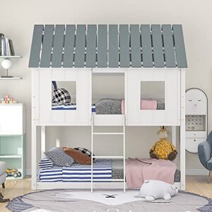 Polibi Twin-Over-Twin Wooden House Bed, Bunk Bed with Playhouse, Farmhouse, Ladder and Guardrails (White + Gray)