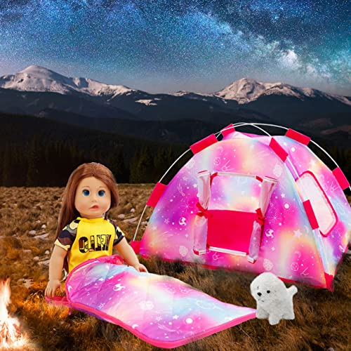 HOAKWA 18 Inch Dolls Camping Tent Accessories Set - Include Doll Camping Tent, Sleeping Bag, Camera, Doll Backpack, Toy Dog - 18" Doll Accessories Fits My Life, Generation, Journey Dolls