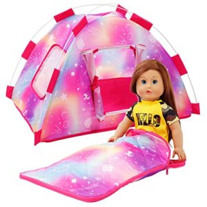 HOAKWA 18 Inch Dolls Camping Tent Accessories Set - Include Doll Camping Tent, Sleeping Bag, Camera, Doll Backpack, Toy Dog - 18" Doll Accessories Fits My Life, Generation, Journey Dolls