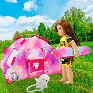 HOAKWA 18 Inch Dolls Camping Tent Accessories Set - Include Doll Camping Tent, Sleeping Bag, Camera, Doll Backpack, Toy Dog - 18" Doll Accessories Fits My Life, Generation, Journey Dolls