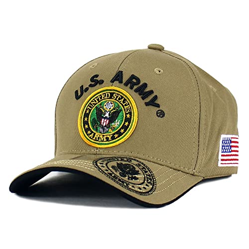 JM WARRIORS US Army Veteran Hat Army Military Official Licensed Adjustable Baseball Cap (Khaki Beige - Flag), One Size