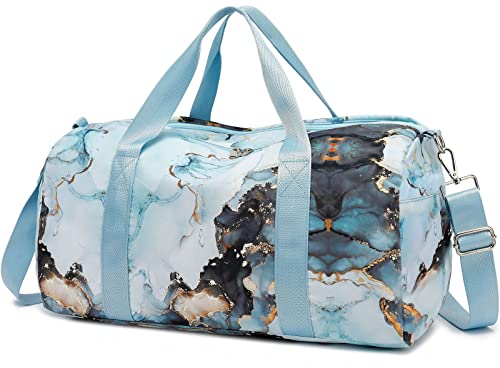 Duffle Bag for Gym Sports Women Girls Workout Travel Bag Weekender with Shoe Compartment and Wet Pocket (Marble 26- Blue)