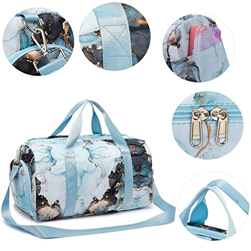 Duffle Bag for Gym Sports Women Girls Workout Travel Bag Weekender with Shoe Compartment and Wet Pocket (Marble 26- Blue)