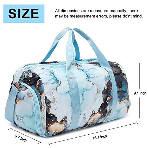 Duffle Bag for Gym Sports Women Girls Workout Travel Bag Weekender with Shoe Compartment and Wet Pocket (Marble 26- Blue)