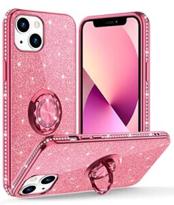 ocyclone for iphone 13 case, glitter sparkle diamond cover with ring stand protective phone case compatible with 6.1 inch iphone 13 case for women girls - pink