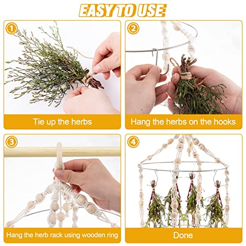 Boho Herb Drying Rack Double- Macrame Flower Drying Rack with 15 Hooks Handcrafted Woven Hanging Herb Dryer with Cotton Rope Wooden Hanging Ring Herb Hangers for Drying Air Plants Spices Flowers