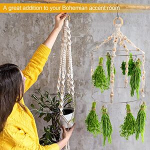 Boho Herb Drying Rack Double- Macrame Flower Drying Rack with 15 Hooks Handcrafted Woven Hanging Herb Dryer with Cotton Rope Wooden Hanging Ring Herb Hangers for Drying Air Plants Spices Flowers