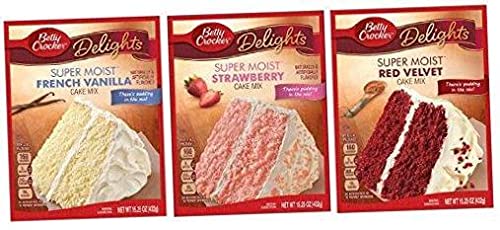 THREE (3) Cake Bundle Super Moist French Vanilla Cake, Super Moist Red Velvet Cake, Super Moist Strawberry Cake, Lot Set of 3 Items "There's Pudding in the mix!" Cake Mix .2 pack