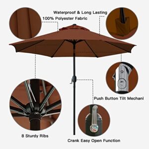 Sunnyglade 9' Patio Umbrella Outdoor Table Umbrella with 8 Sturdy Ribs（Brown）