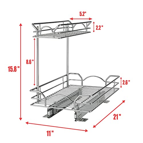 OCG 2 Tier Under Sink Pull Out Organizer (11" W x 21" D x 15.8" H), Under Sink Organizers and Storage for Kitchen Bathroom Cabinet, Chrome Finish