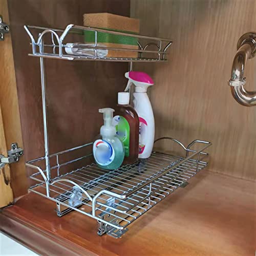 OCG 2 Tier Under Sink Pull Out Organizer (11" W x 21" D x 15.8" H), Under Sink Organizers and Storage for Kitchen Bathroom Cabinet, Chrome Finish