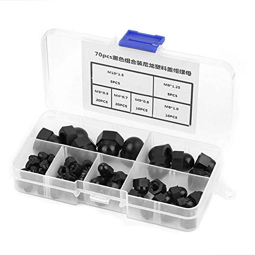 70pcs Hex Acorn Cap Nuts Assortment Kit M3/M4/M5/M6/M8/M10 Nylon Acorn Nut Dome Head Cap Hex Nuts(Black)