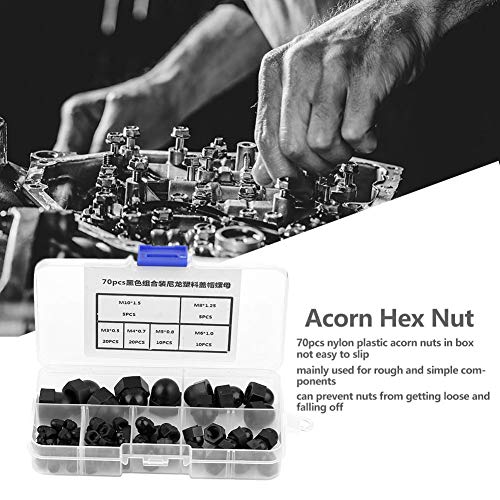 70pcs Hex Acorn Cap Nuts Assortment Kit M3/M4/M5/M6/M8/M10 Nylon Acorn Nut Dome Head Cap Hex Nuts(Black)