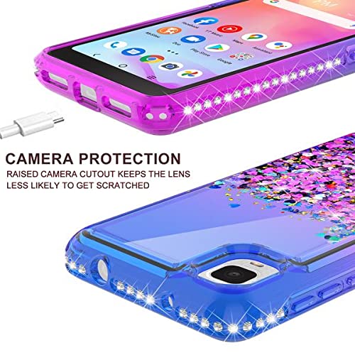 Galaxy Wireless Liquid Glitter Phone Case for TCL ION Z/TCL A3 A509DL/TCL A30 /T501/T501C Case w[Tempered Glass Screen Protector] Bling Diamond Girls Women - Purple/Blue