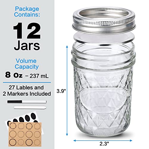 12 Pack Mason Jars 8 oz with Airtight Lids, Glass Regular Mouth Canning Jars, Small Quilted Crystal Jars for Jelly, Jam, Overnight Oats, Meal Prep