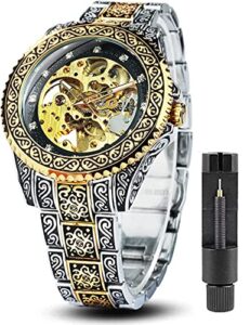 fanmis mens luxury engraving wrist watches unique tattoo pattern carved stainless steel band luminous automatic skeleton watch (gold black)