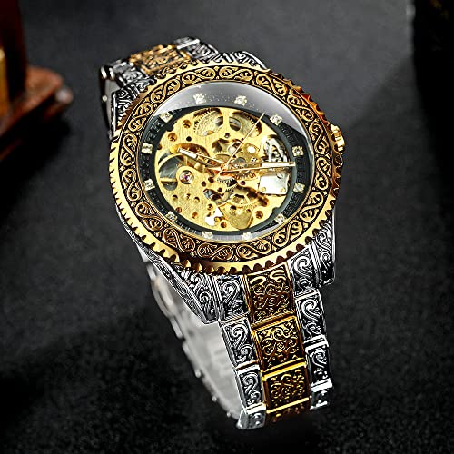 FANMIS Mens Luxury Engraving Wrist Watches Unique Tattoo Pattern Carved Stainless Steel Band Luminous Automatic Skeleton Watch (Gold Black)