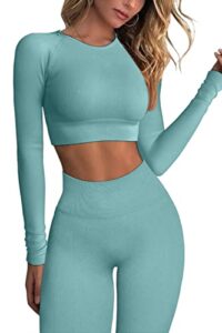 qinsen women's winter yoga leggings 2 piece outfit ribbed seamless long sleeve crop top sport shirt sets tracksuit blue m