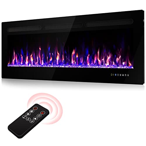 ALPACA 60" Electric Fireplace Recessed and Wall Mounted Linear Fireplace, 750/1500W the Thinnest Fireplace Low Noise Touch Screen with Timer and Remote Control Adjustable Multicolor Flame Color, Black