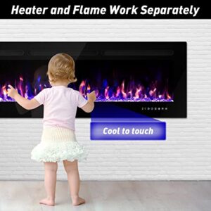 ALPACA 60" Electric Fireplace Recessed and Wall Mounted Linear Fireplace, 750/1500W the Thinnest Fireplace Low Noise Touch Screen with Timer and Remote Control Adjustable Multicolor Flame Color, Black