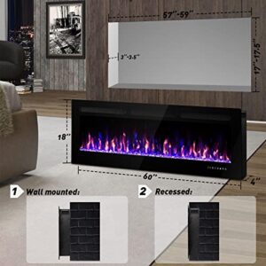 ALPACA 60" Electric Fireplace Recessed and Wall Mounted Linear Fireplace, 750/1500W the Thinnest Fireplace Low Noise Touch Screen with Timer and Remote Control Adjustable Multicolor Flame Color, Black