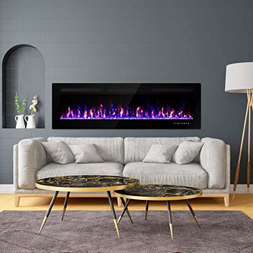 ALPACA 60" Electric Fireplace Recessed and Wall Mounted Linear Fireplace, 750/1500W the Thinnest Fireplace Low Noise Touch Screen with Timer and Remote Control Adjustable Multicolor Flame Color, Black