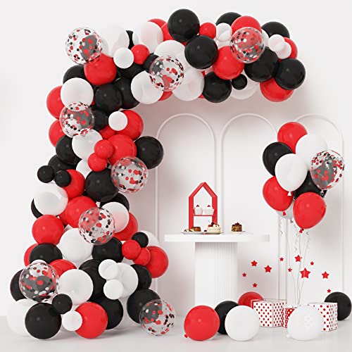 RUBFAC 133pcs Red Black White Balloons Garland Arch Kit, Red and Black White Balloons Arch with Confetti Balloons for Shower Birthday Graduation Racing Car Poker Card Decorations Supplies