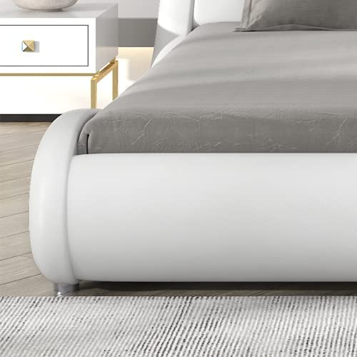 SHA CERLIN Full Size Bed Frame Luxury Wave-Like Modern Upholstered Low Profile Platform Bed, Faux Leather Sleigh Bed with Adjustable Headboard, No Box Spring Needed, White