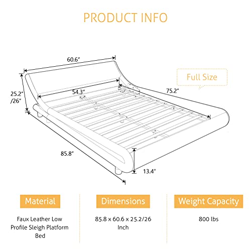 SHA CERLIN Full Size Bed Frame Luxury Wave-Like Modern Upholstered Low Profile Platform Bed, Faux Leather Sleigh Bed with Adjustable Headboard, No Box Spring Needed, White
