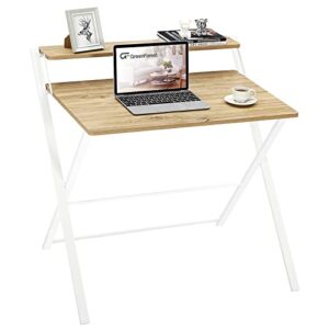 greenforest folding desk no assembly required fully unfold 32 x 24.5 inch, 2-tier small computer desk with shelf space saving laptop study foldable table for small spaces, oak