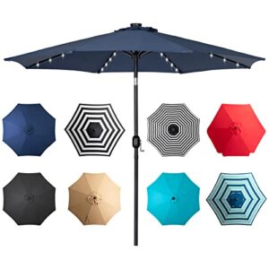 paranta 9 feet outdoor patio umbrella with 40 solar led lights, button tilt and crank, 8 ribs patio umbrella, navy blue