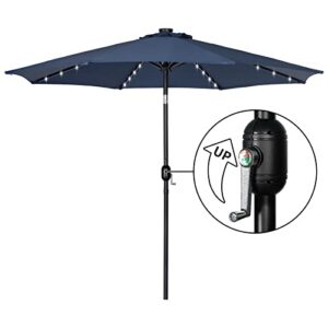 PARANTA 9 Feet Outdoor Patio Umbrella with 40 Solar LED Lights, Button Tilt and Crank, 8 Ribs Patio Umbrella, Navy Blue