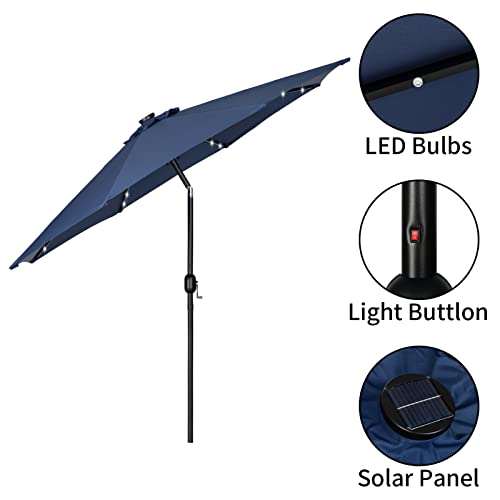 PARANTA 9 Feet Outdoor Patio Umbrella with 40 Solar LED Lights, Button Tilt and Crank, 8 Ribs Patio Umbrella, Navy Blue