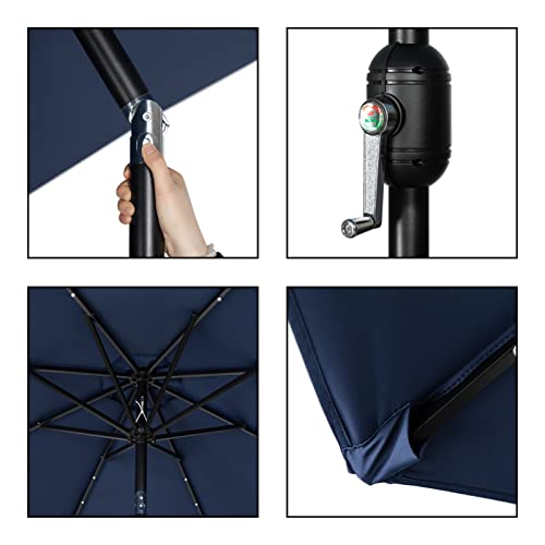 PARANTA 9 Feet Outdoor Patio Umbrella with 40 Solar LED Lights, Button Tilt and Crank, 8 Ribs Patio Umbrella, Navy Blue
