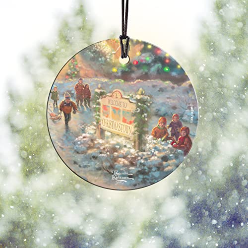 Thomas Kinkade - The Lights of Christmastown – Children Snow Day - 3.5” Starfire Prints Hanging Glass Print Accessory – Officially Licensed Collectible | Complimentary Velveteen Gift Bag