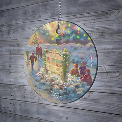 Thomas Kinkade - The Lights of Christmastown – Children Snow Day - 3.5” Starfire Prints Hanging Glass Print Accessory – Officially Licensed Collectible | Complimentary Velveteen Gift Bag