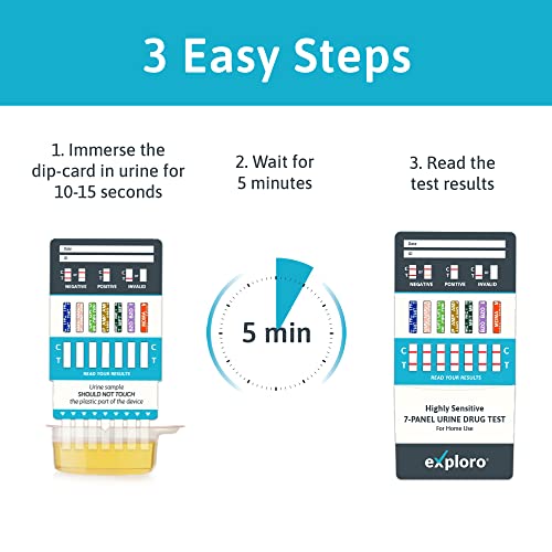 Exploro at Home Drug Test Kit for All Drugs (Most Used). 7-Panel Urine Drug Test. Marijuana (THC), Cocaine, Opiates, Amphetamine, Methamphetamine, Benzos (BZO), Ecstasy (MDMA). 5 Dip-Cards with Cups.