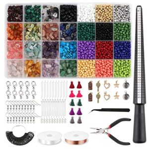 4000+ crystal natural stone beads for jewelry making with irregular chip beads and 4mm glass seed beads, ring making kit with gemstone beads charms tassels jewelry wire pliers ring measuring tools