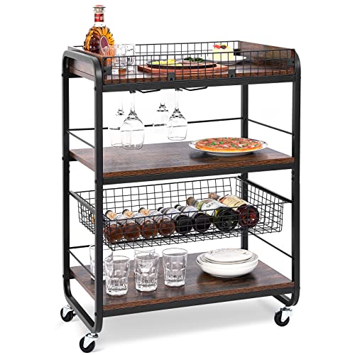 YITAHOME Bar Carts for The Home, Industrial Bar Cart with Movable Basket, Serving Cart on Wheels with 3-Tier Storage Shelves, Kitchen Cart with Glass Holder for Dining Room, Bar, Rustic Brown