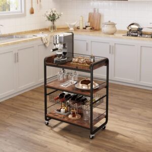 YITAHOME Bar Carts for The Home, Industrial Bar Cart with Movable Basket, Serving Cart on Wheels with 3-Tier Storage Shelves, Kitchen Cart with Glass Holder for Dining Room, Bar, Rustic Brown