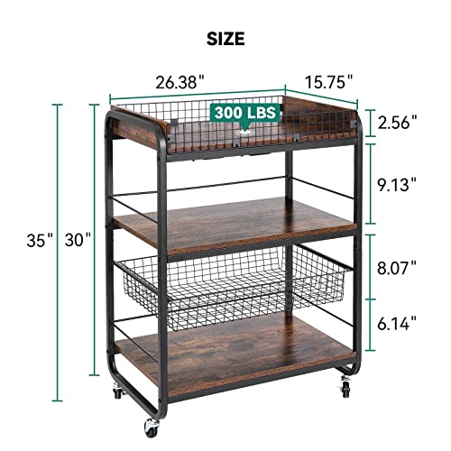 YITAHOME Bar Carts for The Home, Industrial Bar Cart with Movable Basket, Serving Cart on Wheels with 3-Tier Storage Shelves, Kitchen Cart with Glass Holder for Dining Room, Bar, Rustic Brown