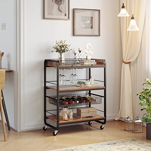 YITAHOME Bar Carts for The Home, Industrial Bar Cart with Movable Basket, Serving Cart on Wheels with 3-Tier Storage Shelves, Kitchen Cart with Glass Holder for Dining Room, Bar, Rustic Brown