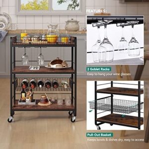 YITAHOME Bar Carts for The Home, Industrial Bar Cart with Movable Basket, Serving Cart on Wheels with 3-Tier Storage Shelves, Kitchen Cart with Glass Holder for Dining Room, Bar, Rustic Brown