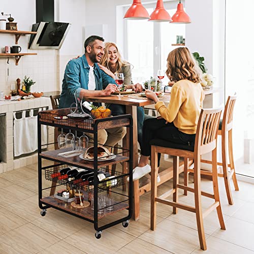 YITAHOME Bar Carts for The Home, Industrial Bar Cart with Movable Basket, Serving Cart on Wheels with 3-Tier Storage Shelves, Kitchen Cart with Glass Holder for Dining Room, Bar, Rustic Brown