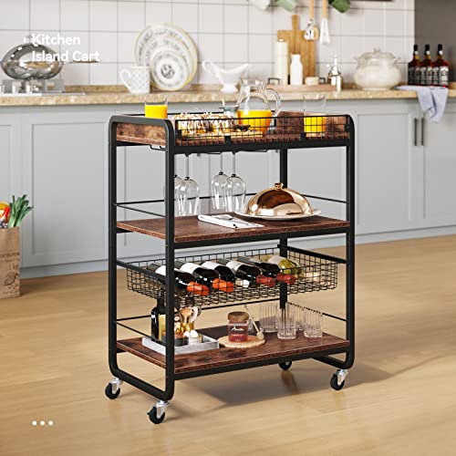 YITAHOME Bar Carts for The Home, Industrial Bar Cart with Movable Basket, Serving Cart on Wheels with 3-Tier Storage Shelves, Kitchen Cart with Glass Holder for Dining Room, Bar, Rustic Brown