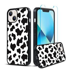 kanghar compatible with iphone 13 mini case tire cow print cute black white + screen protector slim anti-scratch shockproof skid durable pc layer tpu bumper protection cover -5.4 inch